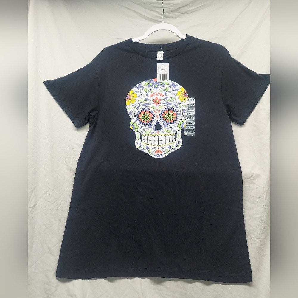 Candy Skull Face Tee T Shirt Colorful Sugar Skull Graphic Halloween New With Tag